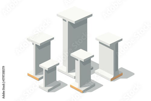 Structural steel I-beams of different sizes in isometric perspective for construction