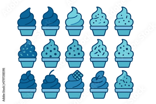 Fifteen blue soft serve ice cream desserts with various toppings and shades