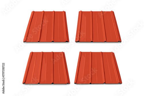 Bright orange corrugated metal roofing sheets isolated on white background for construction material