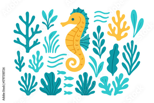 Cute yellow seahorse surrounded by colorful underwater marine plants and small fish