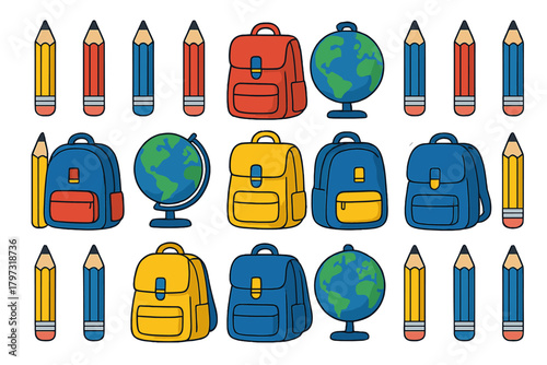 Brightly colored repeating pattern of essential school items like backpacks, pencils, and world globes