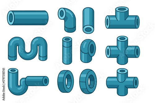 Blue plastic plumbing pipe segments and connection fittings for water systems
