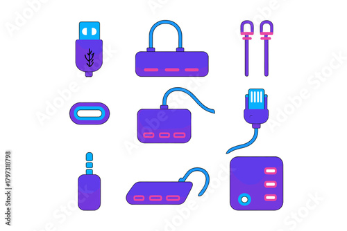 Modern electronic connectors, ports, and hubs for digital devices in flat design style