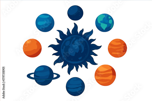 Celestial bodies orbiting a stylized dark sun in an abstract space design