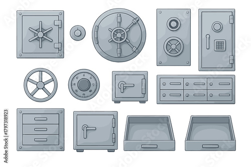 Collection of metallic security safes, bank vault doors, combination dials, and deposit boxes