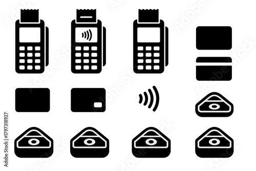 Black symbols for electronic payment systems, credit cards, and point of sale terminals