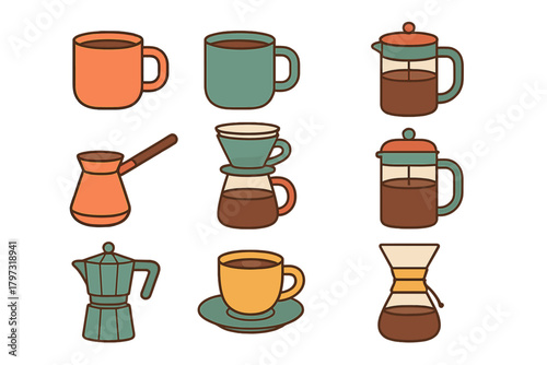 Collection of coffee brewing tools including French press Moka pot pour over and mugs in a retro color scheme