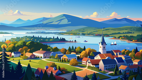 Very beautiful aerial panorama of Meredith in Belknap County, New Hampshire, showcasing the charming lakeside town, sparkling blue waters of Lake Winnipesaukee, forested shoreline, and a peaceful New 