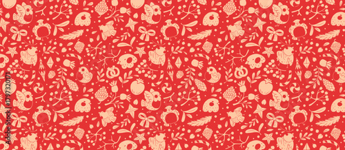 Seamless pattern with Christmas elements on a red background. Winter pattern with bullfinches