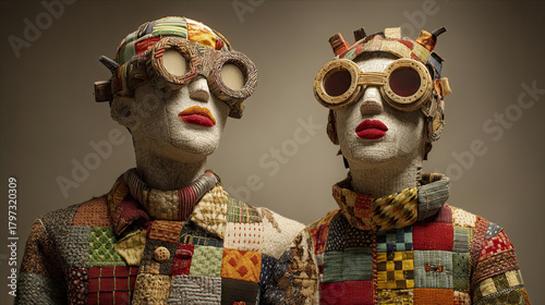 A surreal portrait of two characters in the style of artisanal stop-motion animation. Dadaist, disturbing, retro-futuristic aesthetic.