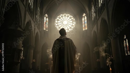 Priest in a church looking at a circular stained glass window. Religious man in Roman Catholic church during Christian mass.