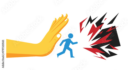A hand stopping a person from running toward an explosion graphic