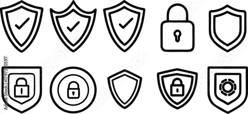 Security and protection icons: shield and lock outlines on white