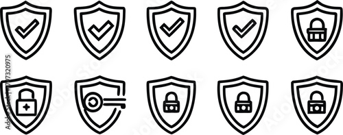 Collection of shield icons: security, protection, and access control symbols
