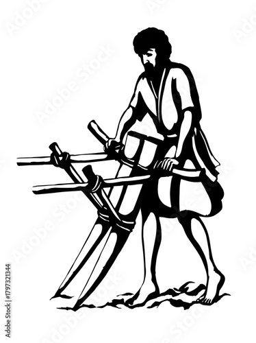Vector drawing. Man with old wooden plow