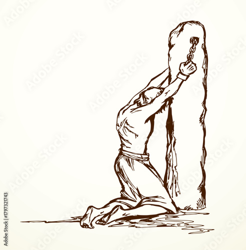 Foto Vector drawing. Beaten man tied to a pole