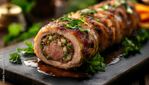veal roll filled with minced beef meat and herbs