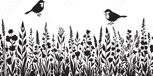 Black and white bird and wildflower silhouette vector illustration eps