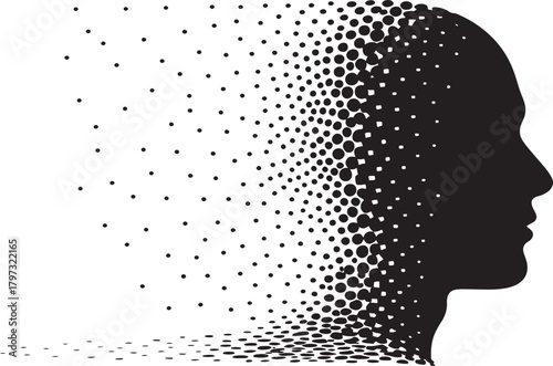 Abstract human head silhouette dissolving into digital dots concept