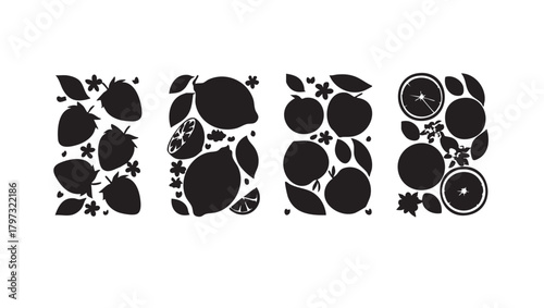 Black and white fruit vector set: strawberry, lemon, apple, orange silhouette graphics eps