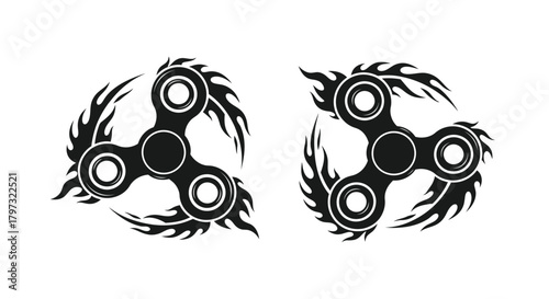 Two black stylized fidget spinner designs with flame like extensions
