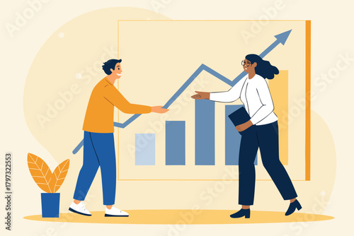 Two professional colleagues engaging in a handshake, celebrating a successful business deal, beside a detailed financial chart.