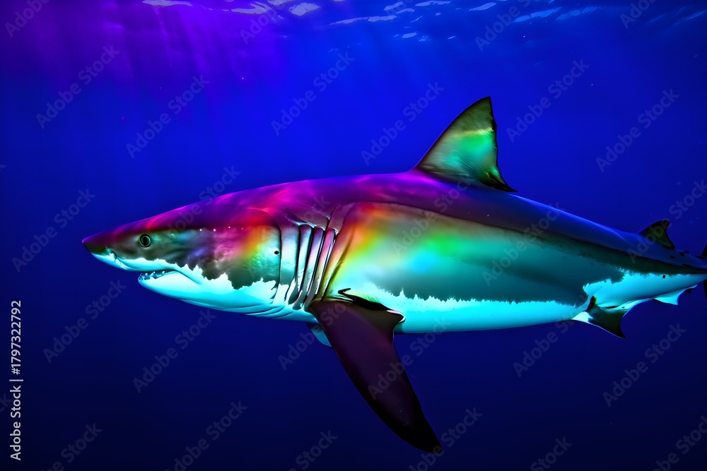 Fototapeta premium Great White Shark Swimming in Vibrant Blue Water