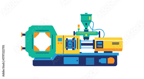 Illustration of a plastic injection molding machine in a flat design style