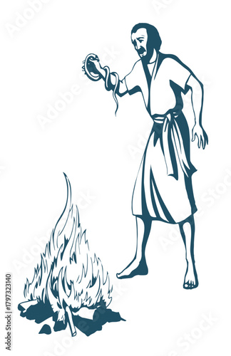 Vector drawing. A snake bit a man's hand