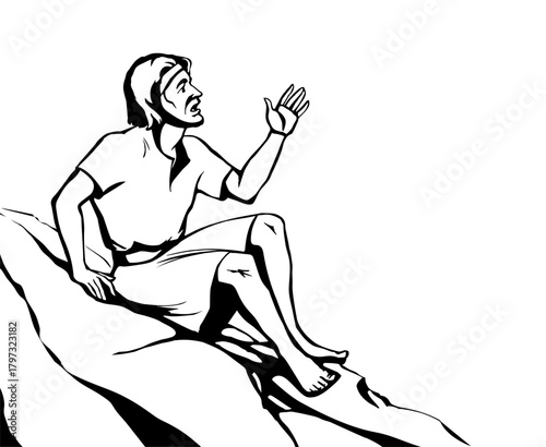 Vector drawing. Man sitting on the rock