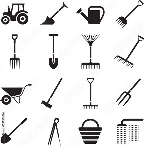 Gardening and farming tools black silhouette icon set collection