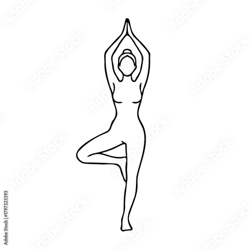 Minimalist line art of a woman performing the Tree Pose (Vrksasana) yoga posture, symbolizing balance, meditation, and wellness. Black outline vector illustration.