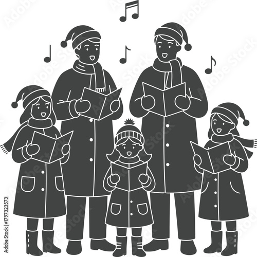 A family of five dressed in winter clothes singing Christmas carols from songbooks.