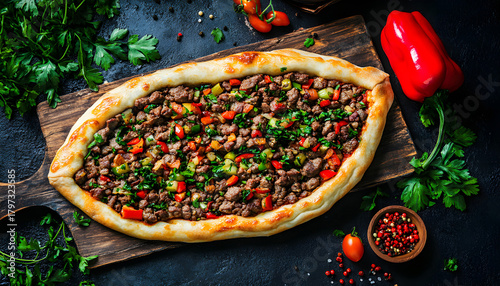 Turkish pide traditional food with beef and vegetables. Top view
