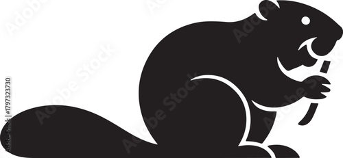 Black silhouette of a beaver chewing on a stick, isolated on white