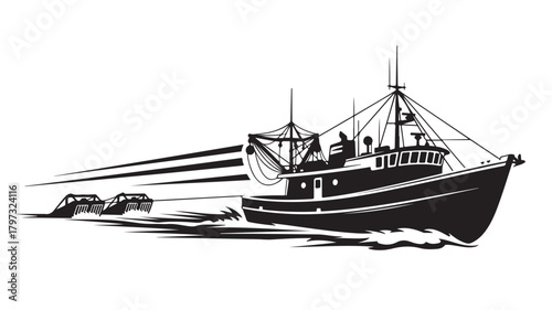 Powerful fishing vessel on the open sea with nets, perfect for nautical designs and maritime themes, a tribute to sea life and the fishing industry, a silhouette in black and white