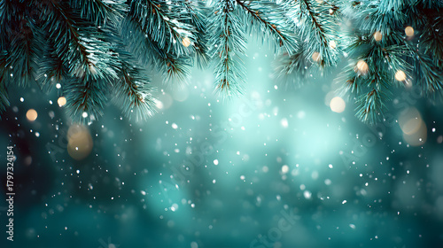 Teal Christmas bokeh lights with falling winter snow
