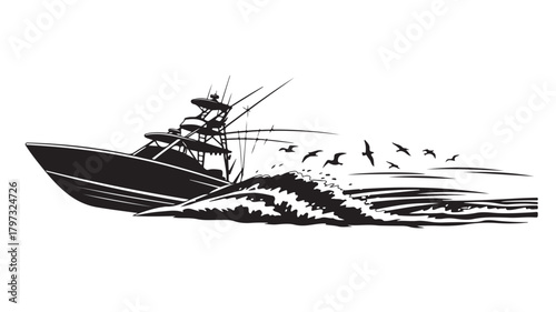 Dynamic fishing boat sailing through ocean waves with birds flying overhead, a powerful and timeless marine design perfect for nautical themes and coastal adventures