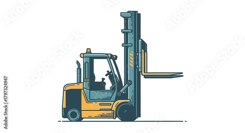A vintage style illustration of a yellow industrial forklift truck