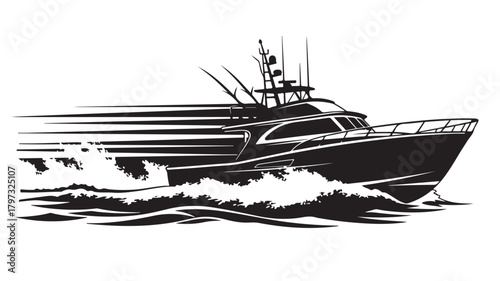 Powerful fishing boat speeding through ocean waves, a dynamic representation of maritime adventure and thrilling offshore excursions, perfect for boating enthusiasts and nautical designs