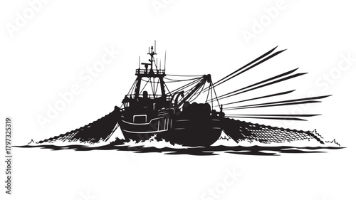 Dynamic silhouette of a fishing boat hauling nets on the open sea, perfect for nautical themes, maritime industries, and vintage designs, creating a bold and striking visual impact