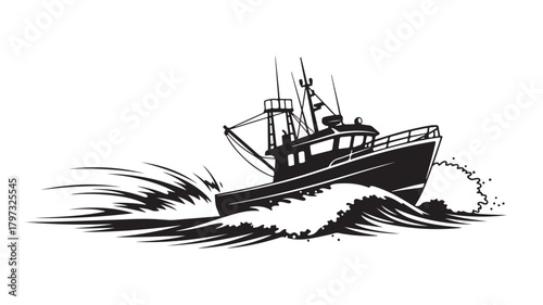Powerful fishing boat sailing through rough waters, a symbol of resilience and maritime adventure, perfect for coastal designs and nautical themes, evoking strength and determination