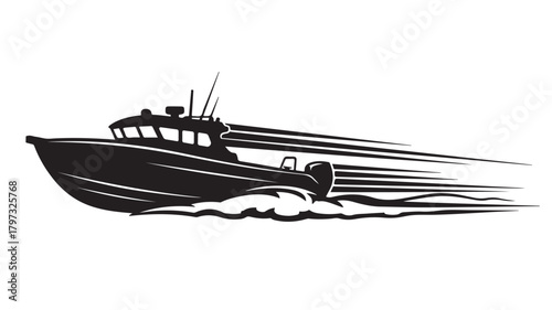 Experience the thrill of high-speed boating with this dynamic, powerful boat design, perfect for nautical themes, fishing adventures, or marine industry promotions, conveying freedom and adventure