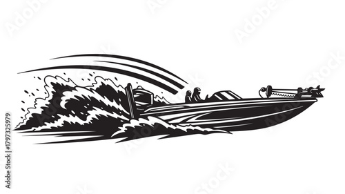 Dynamic boating scene with impressive wake and bold graphic style perfect for adventurous brands and high speed themes, embodying excitement and water sport lifestyle
