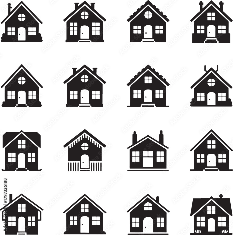 Fototapeta premium Set of sixteen distinct dark green house icons for home ownership