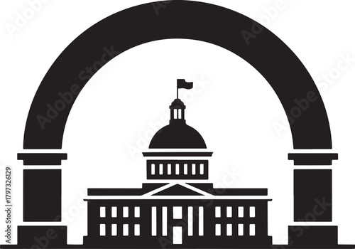 Classic government building with dome under arch silhouette vector