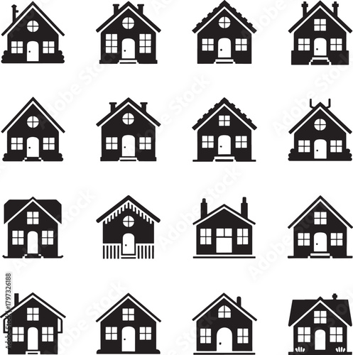 Set of sixteen distinct dark green house icons for home ownership
