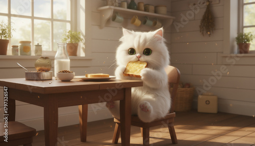 A cute fluffy cartoon cat sits at a small table happily eating toast in a cozy sunlit kitchen.