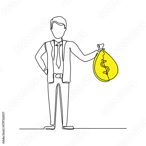 Continuous line sketch drawing art of business man with big money bag. Vector illustration editable stroke line of bank savings dollar money	