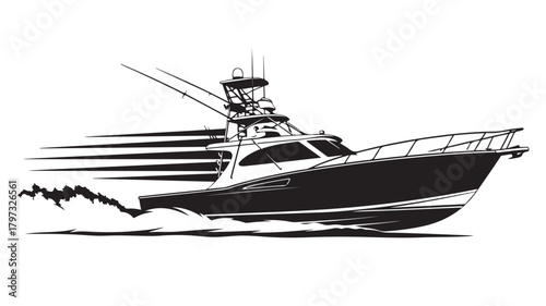 Powerful sport fishing boat cruising through ocean waters, a dynamic monochrome marine adventure, evoking thrill and the promise of a big catch, perfect for nautical themes